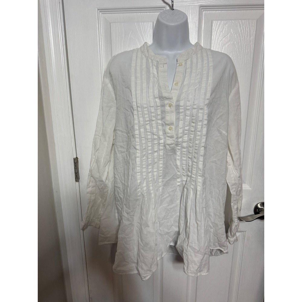 Michael Kors White Cotton Pintuck Pleated Tunic Blouse Mandarin Collar Top 2x